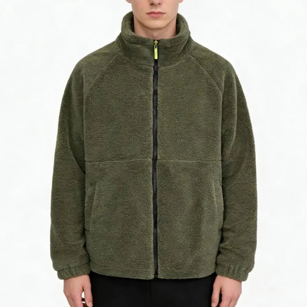 Custom Embroidery logo Stand Collar Wool Fluffy Sherpa Fleece Jacket for Men