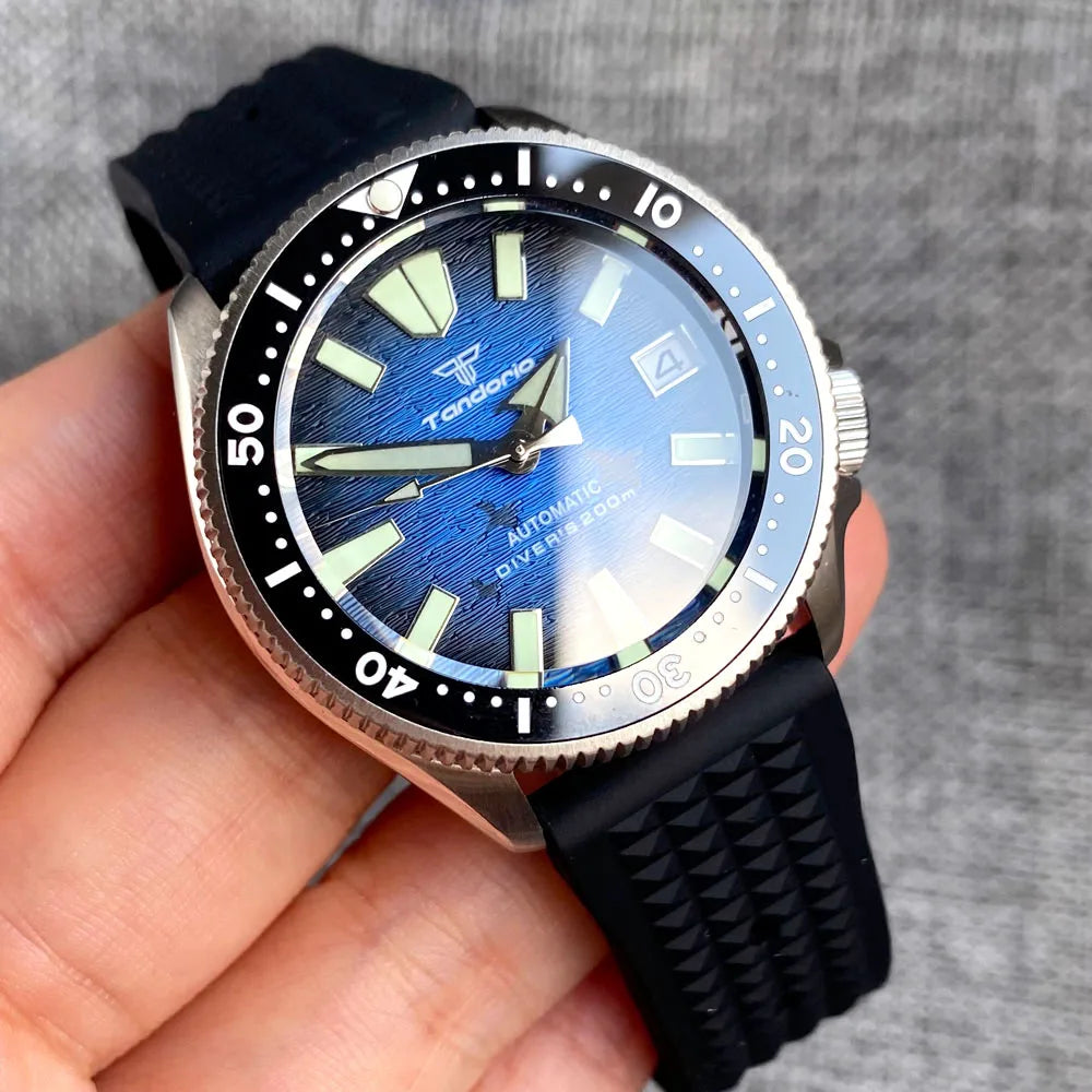 Tandorio 37mm Diver Mechanical Watch Men Japan NH35 Movt 120 Click Bezel Sapphire 3.8 Crown Waffle Rubber Band Green