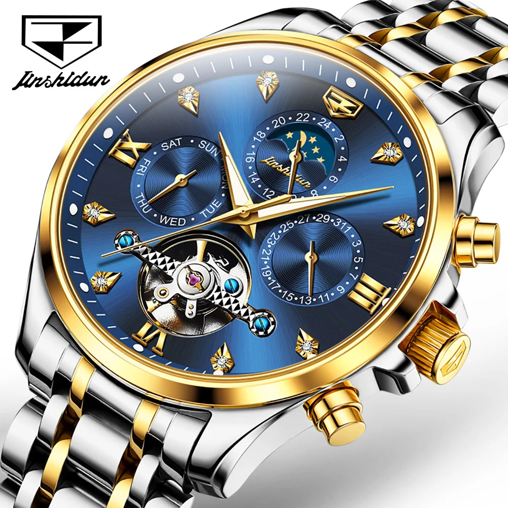 JSDUN 8932 High Quality Custom logo Watch Moon Phase Multifunctional Hollow Skeleton Tourbillon Automatic Mechanical Men Watch