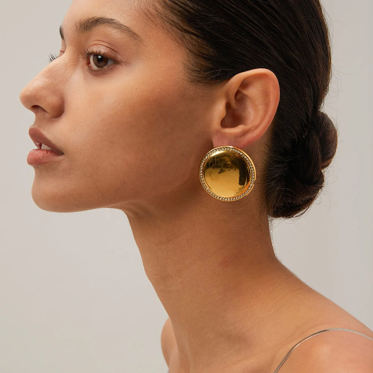 Wholesale Fashion Jewelry 18K Gold Plated Stainless Steel Earrings Smooth High Polish Zircon Big Round Stud Earrings for Women