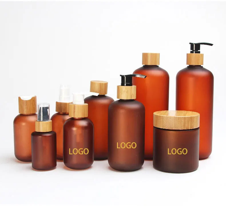 60ml 120ml 250ml 500ml Amber Pet Spray Bottle Plastic Lotion Pump Shampoo Bottle and Jar Set with Bamboo Lid