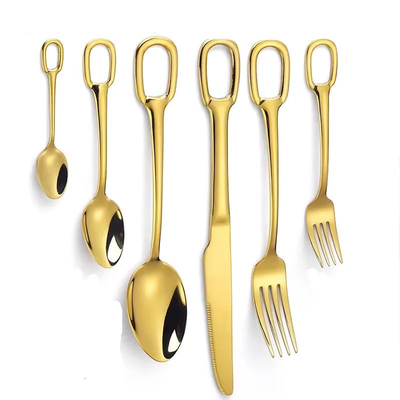 18/8 Hanging Cutlery Set Stainless Steel Hanging Hole Knife Fork Spoon Utensil Set Gold Flatware Set
