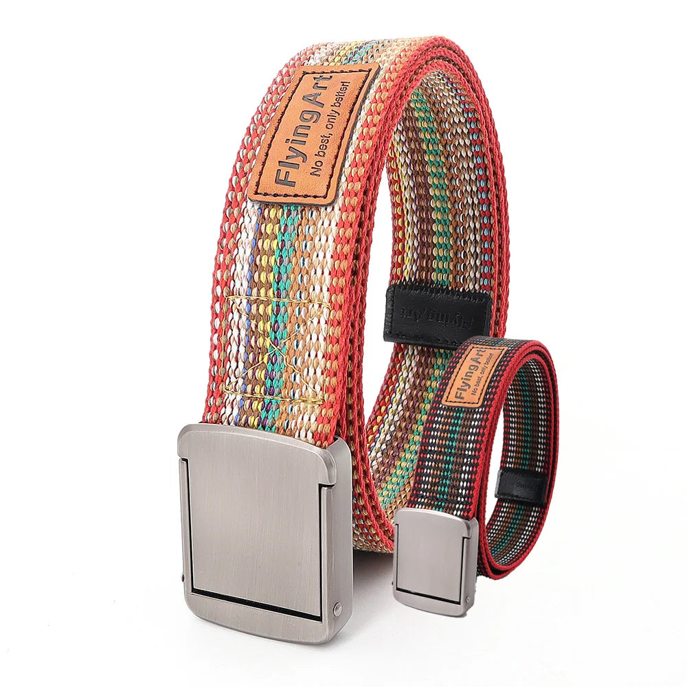 Sales Customized National Style Color Stripe Ribbon Alloy Quick Release Button Leather logo Canvas Women's Clothing Men's Belt
