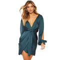 OEM Satin Wrap Mini Dress Custom Deep V Neck Tie-Front Split Cuff Long Sleeve Draped Teal Cocktail Party Women MegaBDM