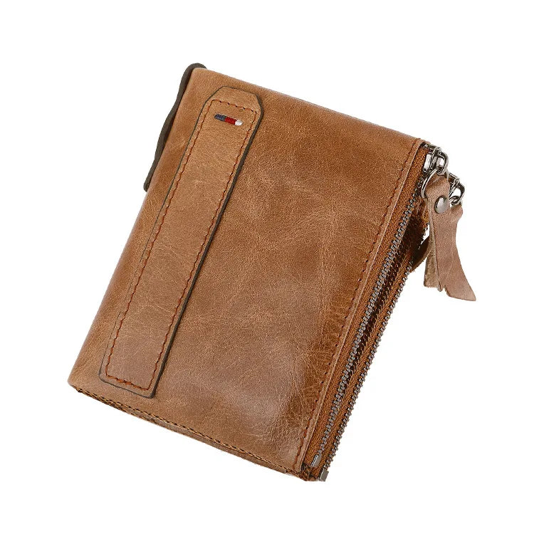 Vintage Crazy Horse Top Cowhide Leather Wallet Short Double Zipper Money Purse with Anti-Theft Feature and Polyester Liner