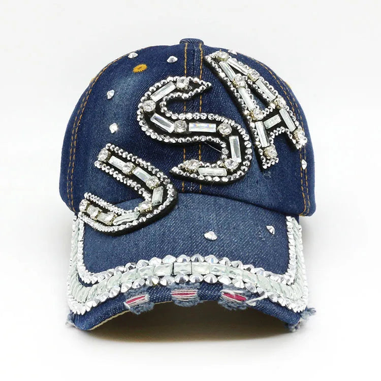 Fashion Design Unisex Bling Bling Custom USA Rhinestone Denim Baseball Cap