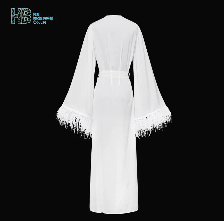 Wedding Party Sexy Ostrich Feather on Sleeves White Bride Wedding Bridesmaid Bridal Long Robe