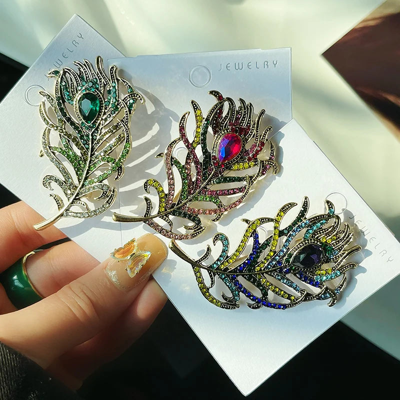 Hot Sale Gemstone Feather Brooches Crystal Rhinestone Peacock Feather Brooch Pin for Women