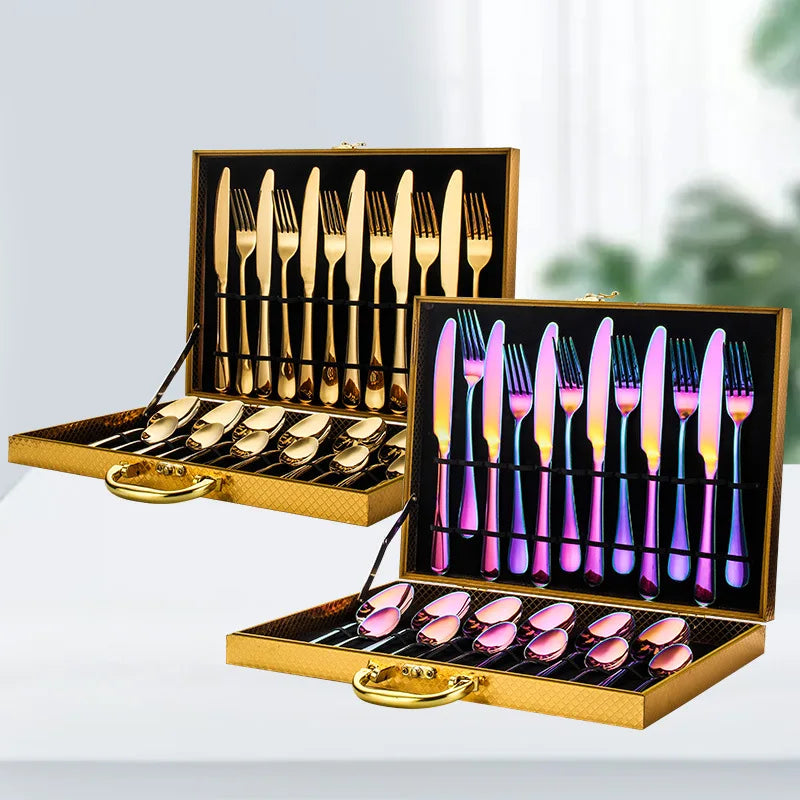 Luxury Mirror Polishing Flatware Sets  Hot Sale 24PCS  Cutlery Set Stainless Steel with Wooden Box