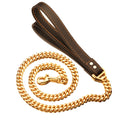 14mm 60cm/100cm Chain with 23cm Leather Part Stainless Steel Dog Collar Chain Leash Luxury Gold Silver Pet Dog Collar Necklace