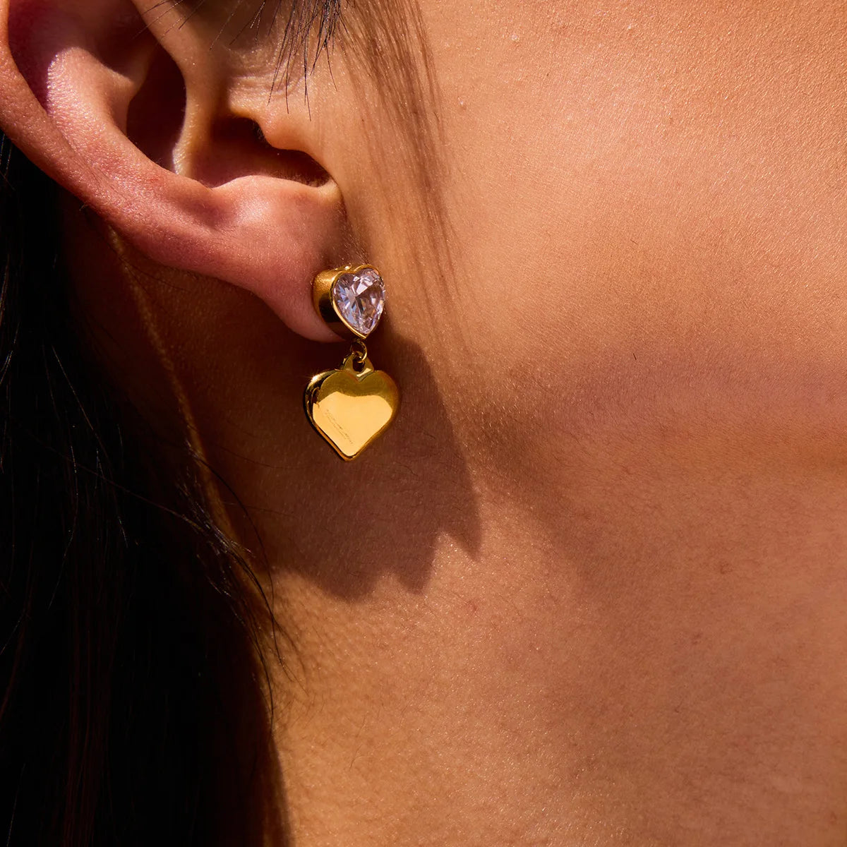 Hot Selling New Design Stainless Steel 18K Gold Plated Cute Fashion Women Shiny Heart Zircon Gold Pendant Earrings