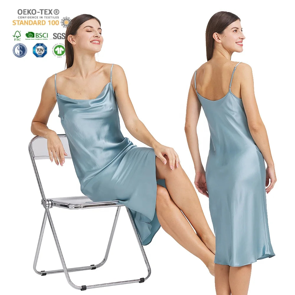 Summer Sleepwear Sexy V-Neck Full 100% Mulberry Silk Sleep Dress Nightgowns for Women Silk Nightdress