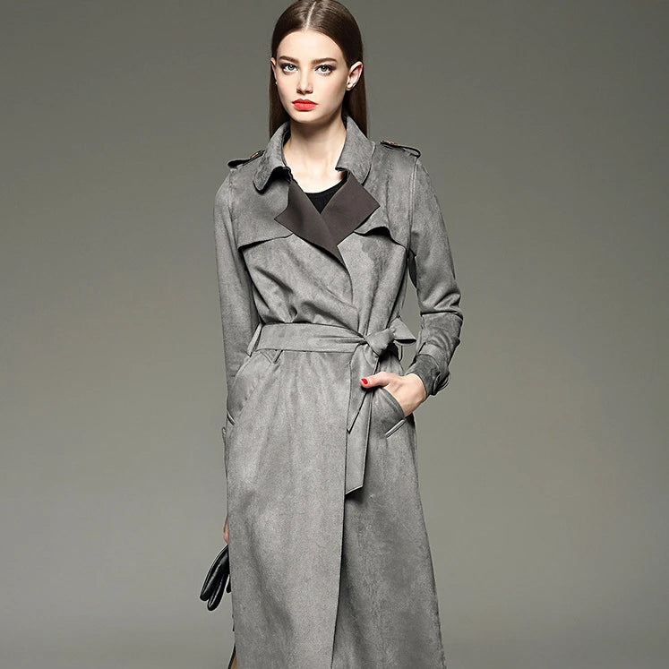 Pinpure R600001S Autumn New Arrival Women's Long Suede Fleece Jacket with Belt Closure Windproof & Breathable Cotton Lined