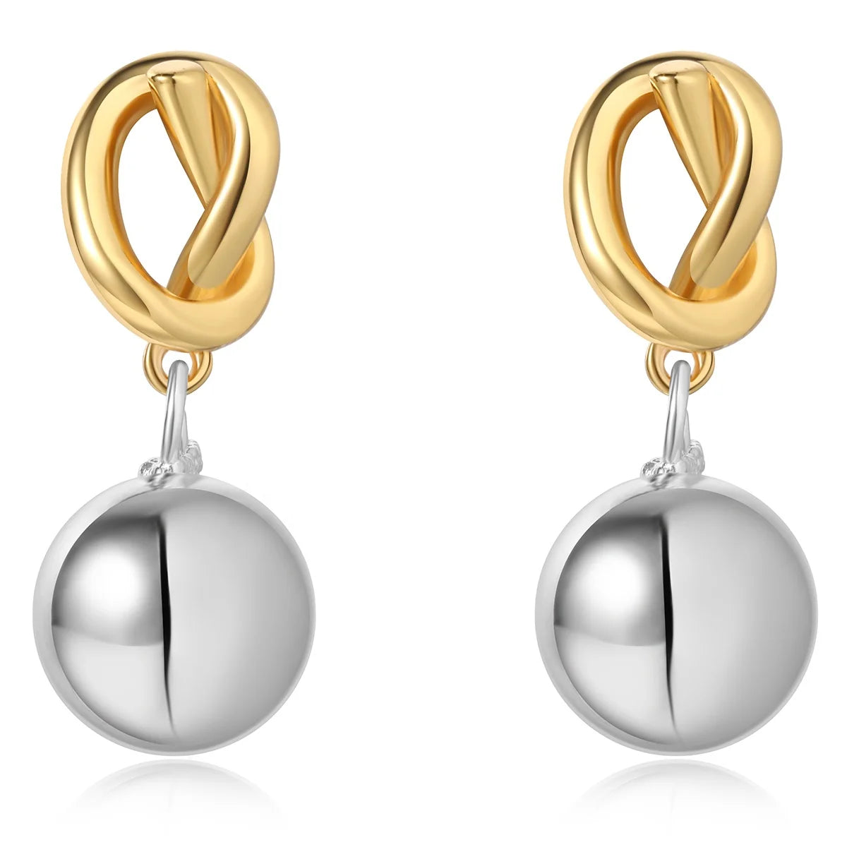 2024 New Exquisite Brass Gold and Silver Clashing Bright Silver Ball Pendant Knot Earrings Women Jewelry Factory Wholesale