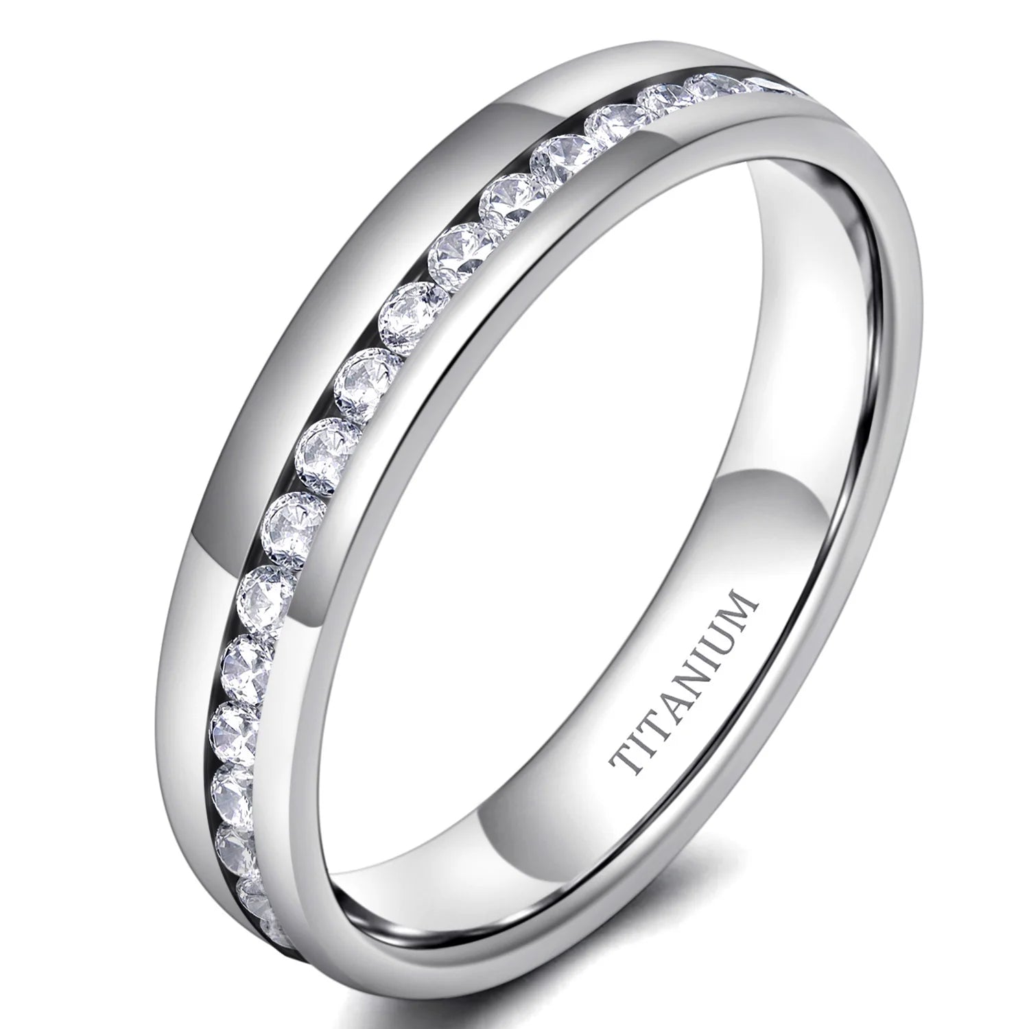 OAHLAN New Fashion Jewelry 4mm Silver Full Eternity Cubic Zirconia Titanium Ring for Engagement Promise Gift Band for Women Girl