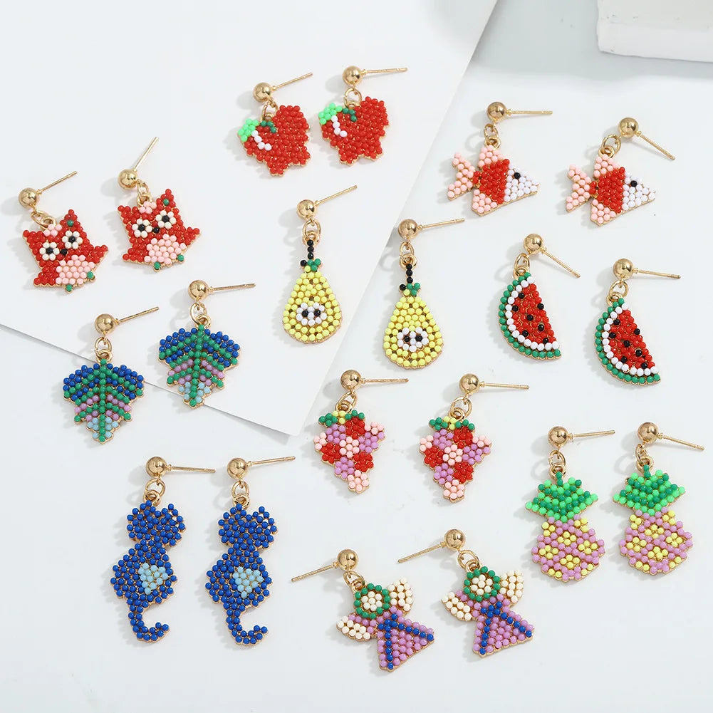 Factory Hot Sale Handmade Dangle Earrings Cute Cartoon Animal Fruits Earrings Colorful Rice Bead Earrings for Teen Girls Gift