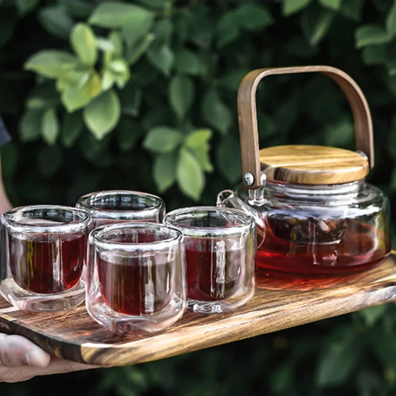 Acacia Wood Lift Beam Pot Set High Borosilicate Teapot Filter Tea Set Glass Tea Cup Bamboo Handle Kettle Set MegaBDM