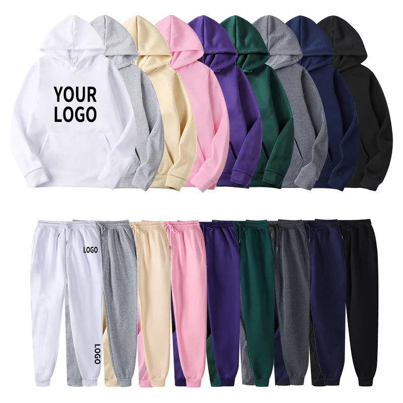 Polyester Mens Unisex Autumn Hooded Print Custom Logo OEM Sweatpants & Hoodie Set
