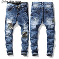 Frayed Men's Jeans Camouflage Shredded Denim Pants Patchwork Distressed Motor Cycle Jean Pants Men Street Trousers Plus Size