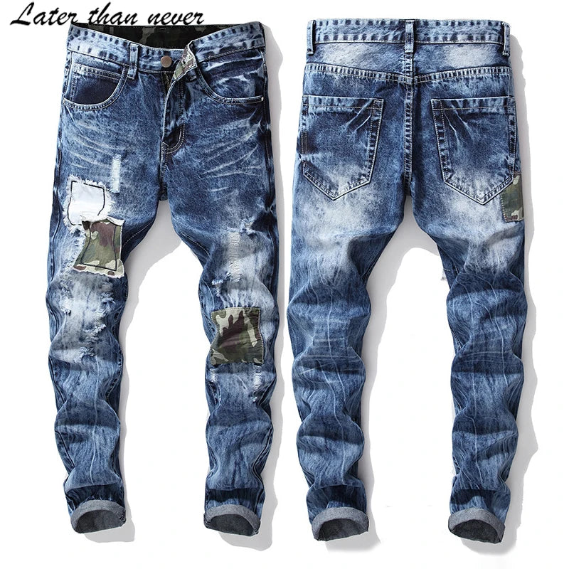 Frayed Men's Jeans Camouflage Shredded Denim Pants Patchwork Distressed Motor Cycle Jean Pants Men Street Trousers Plus Size