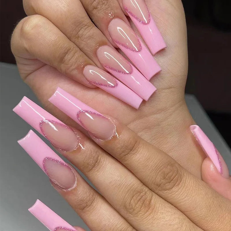 Wholesale Long Coffin Acrylic French Style Artificial Fingernails Fake Nail Art Custom Luxury Pink Glitter False Press on Nails
