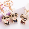 Cute Black Oil Drop Enamel Rabbit Keyring Sparkle Rhinestone Crystal Glasses Rabbit Keychain for Women