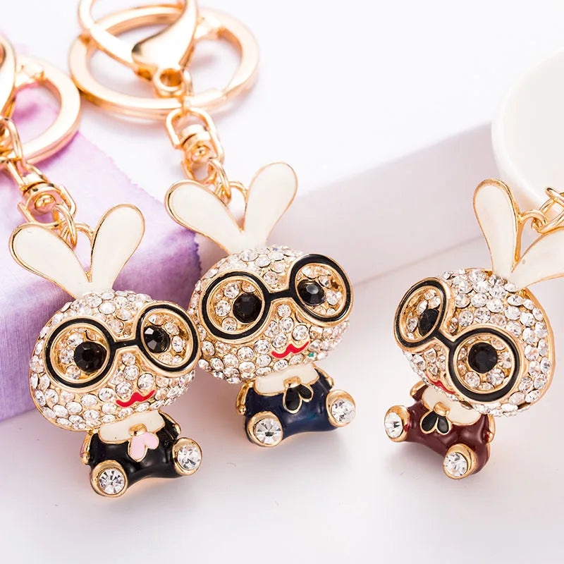 Cute Black Oil Drop Enamel Rabbit Keyring Sparkle Rhinestone Crystal Glasses Rabbit Keychain for Women