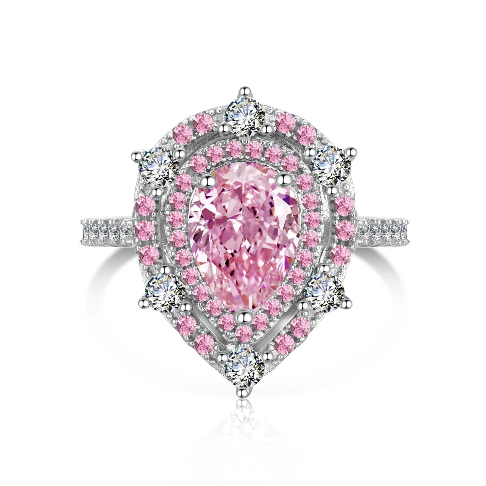 Dylam Trendy Elegant Design 925 Sterling Silver Ring Pear Cut Super Light Pink CZ Stone Cocktail Ring Pink Cubic Zirconia Ring