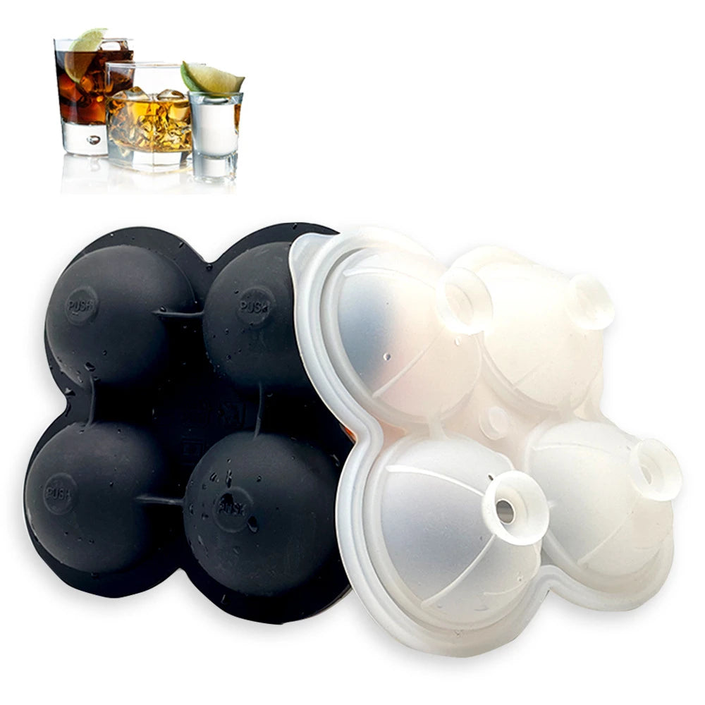 Manjia Reusable 4 Balls Ice Cube Trays Sphere Ice Maker Silicone Pop Ice Molds With Funnel Lid for Whiskey Cocktails Coffee
