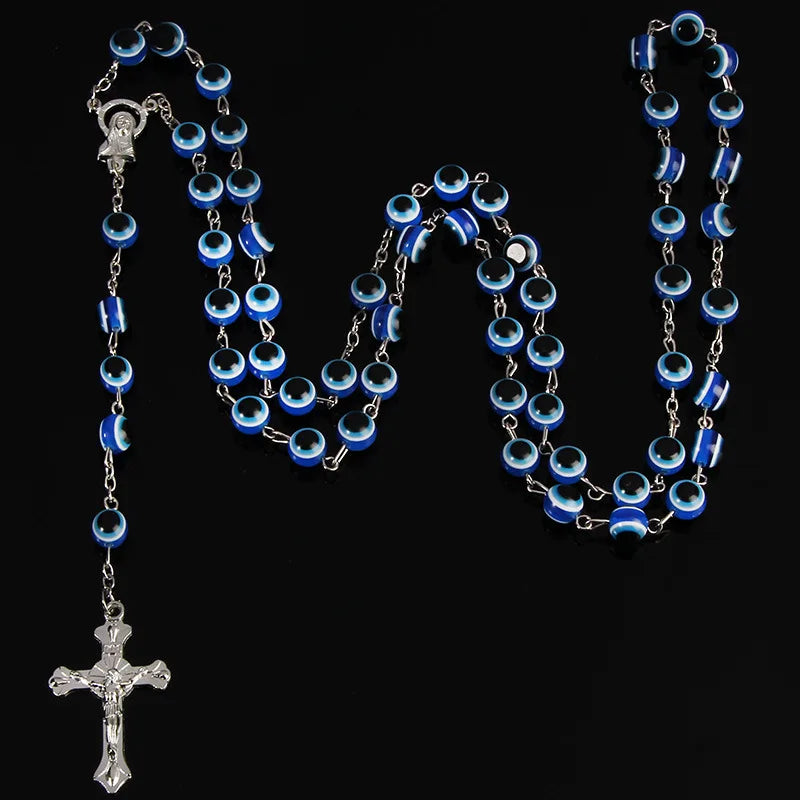 Turkish Evil Eye Beads Rosary Catholic Necklace Religious Prayer Jewelry  Cross Necklace  for Men