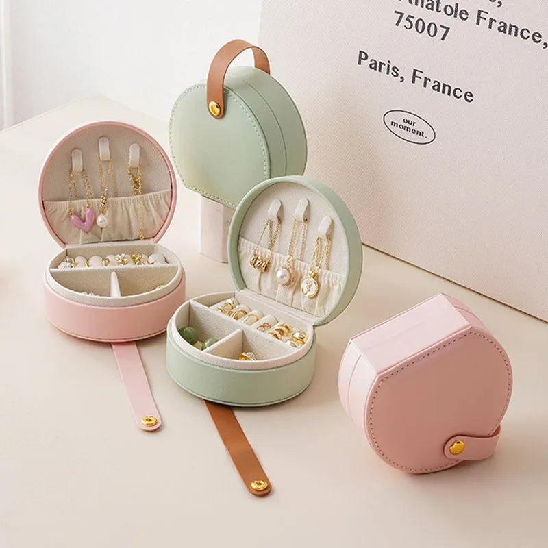 Cute Pink Blue Pu Leather Mini Travel Jewelry Box with Handle