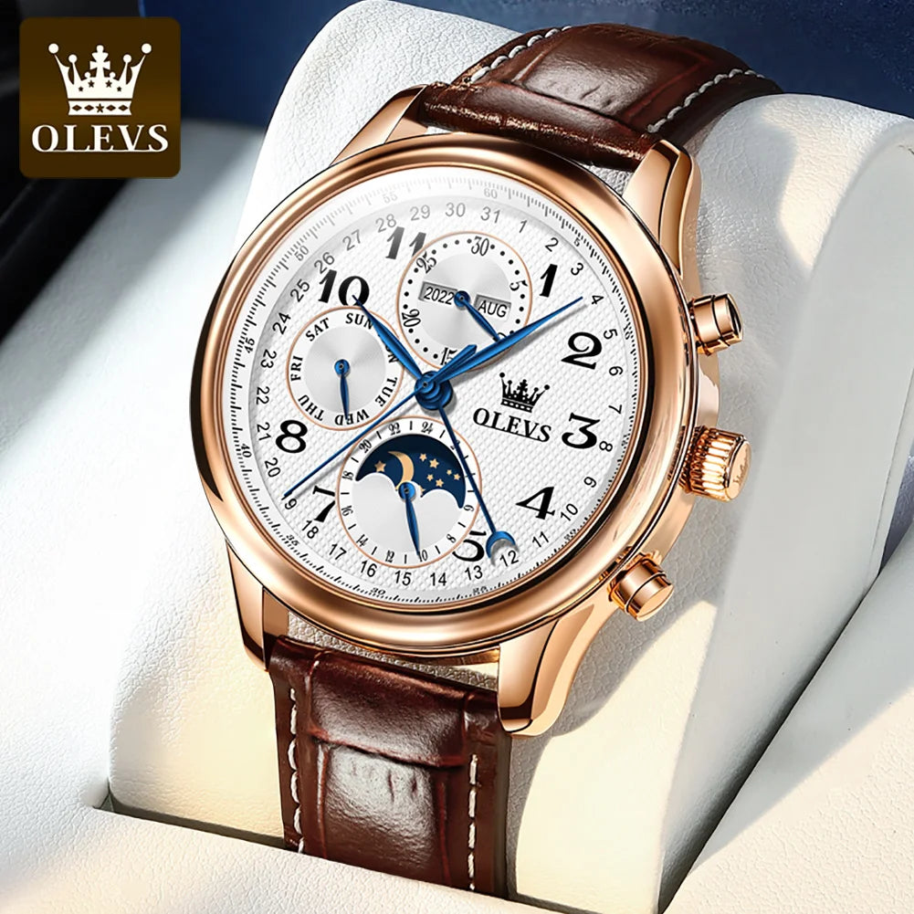 OLEVS 6667 Classic Guangzhou Man Mechanical Watch Stainless Steel Band Waterproof Chronograph Moon Phase Business Hand Watch