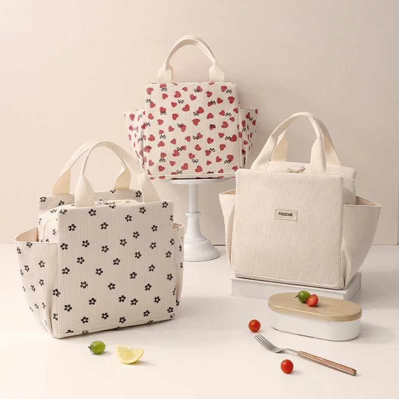 2024 Large Capacity Striped Corduroy Lunch Box Bag Fashionable Insulated Thermal for Daily Life Use
