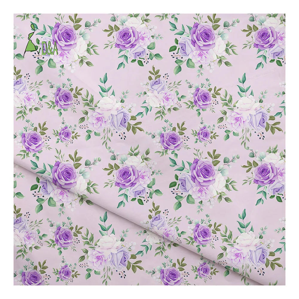 Hot Selling Breathable Lightweight Purple Rose Printed 100% Cotton Fabric for Women Dresses Baby & Kids Clothing