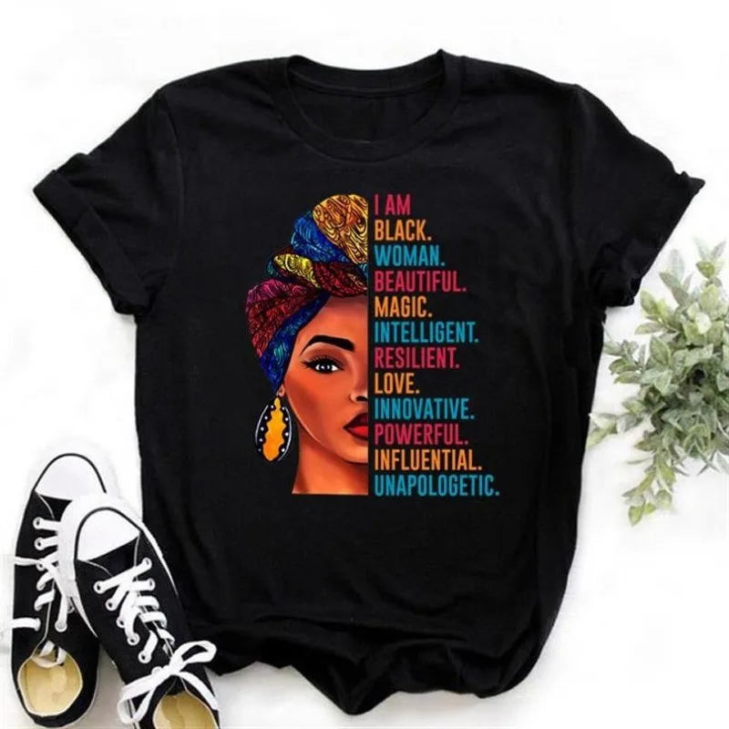 Women T-shirt African Graphic Vintage Black Girl Casual Tees Tops Melanin Queen Lady Streetwear Short Sleeve Plus Size T-shirt