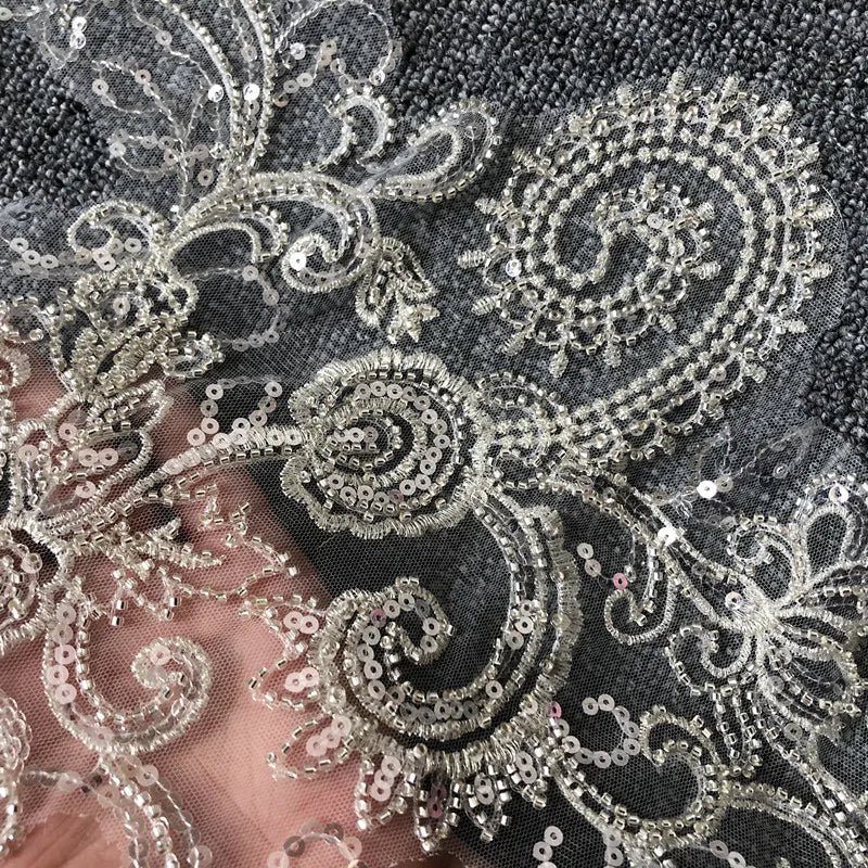 Handmade Silver Embroidery Beaded Sequins Appliques 100% Polyester Wedding and Evening Dress Flower Accessories