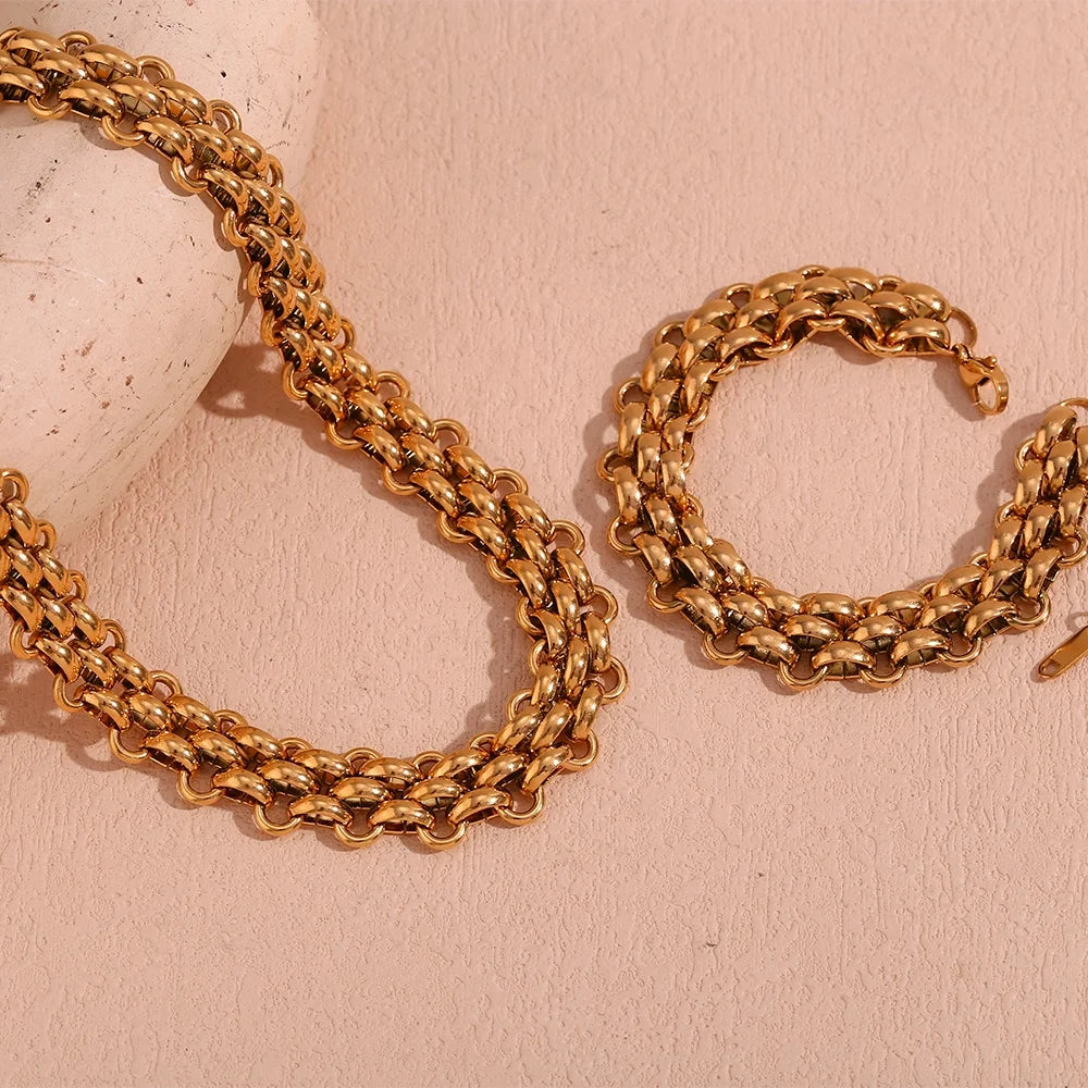 Chunky Woven Chain Necklace Waterproof Choker Gold Plated Stainless Steel Jewelry