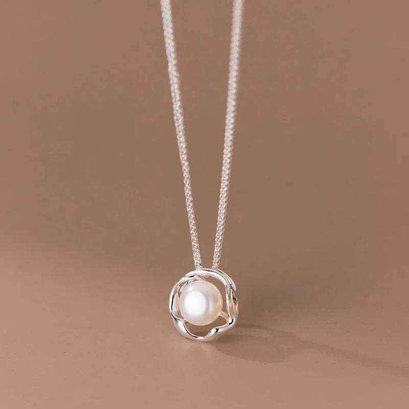 Fashion Geometric 925 Sterling Silver Minimalist Fresh Water Pearl Pendant Necklaces Jewelry
