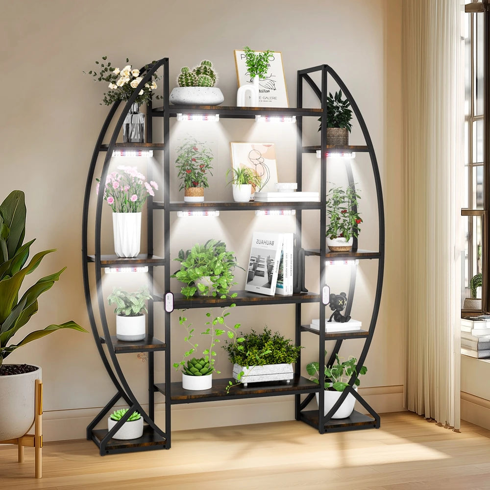 Half-Moon Shape Indoor Plant Stand with Grow Lights Curved Oval Flower Rack Storage Shelf