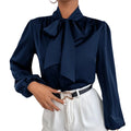 Latest Design Navy Ladies Office Blouses Fashion Clothes Women Tie Neck Long Sleeves Satin Blouses