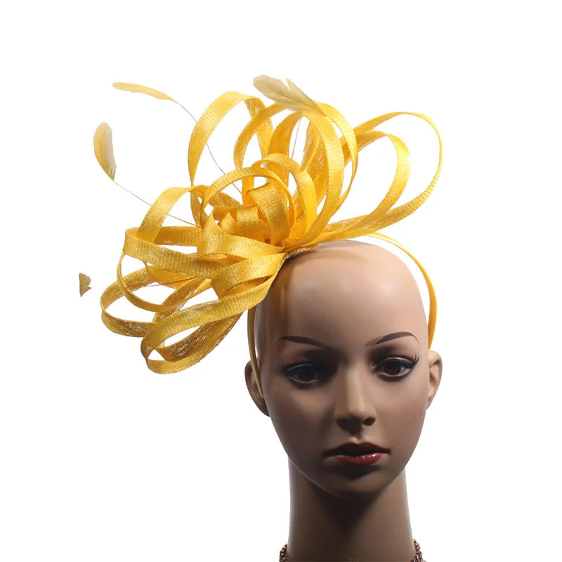 Fashion Gold Yellow Satin Women's Feather Sinamay Fascinators Adjustable Beach Outdoor Party Headband