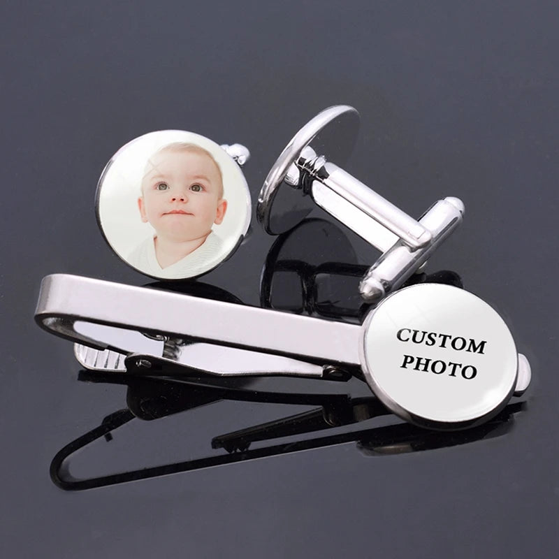 Customized Photo Cufflinks Your Design Silvery Jewelry Custom Gentleman Men Wedding Gift Personalized Cuff Links Tie Clip