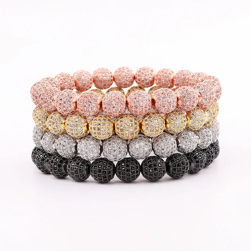Luxury Design 10mm Cubic Zirconia Micro Pave Diamond Ball Elastic Punk Style CZ Beaded Bracelet Men Women