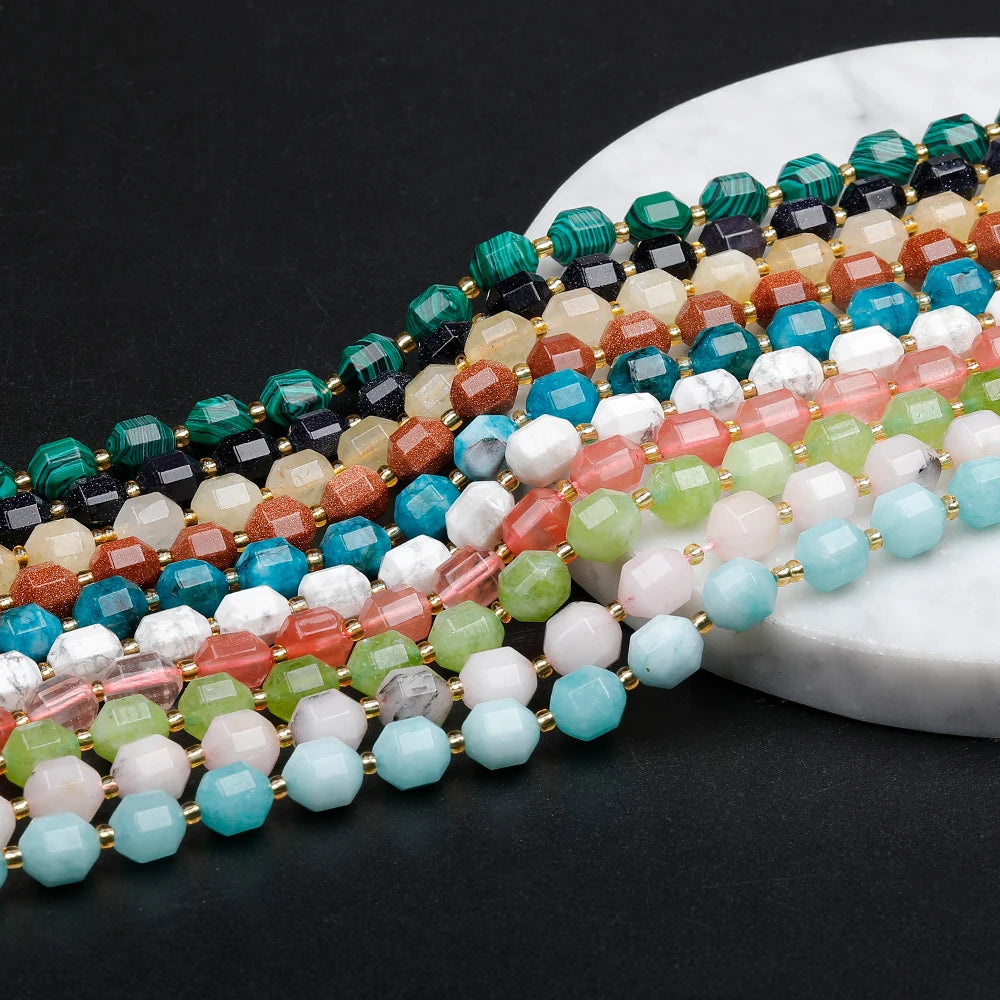 Natural Stone Loose Beads Malachite Onyx Agate Faceted Rose Quartz Gold Sand Gemstone Beads for Necklace Jewelry Making