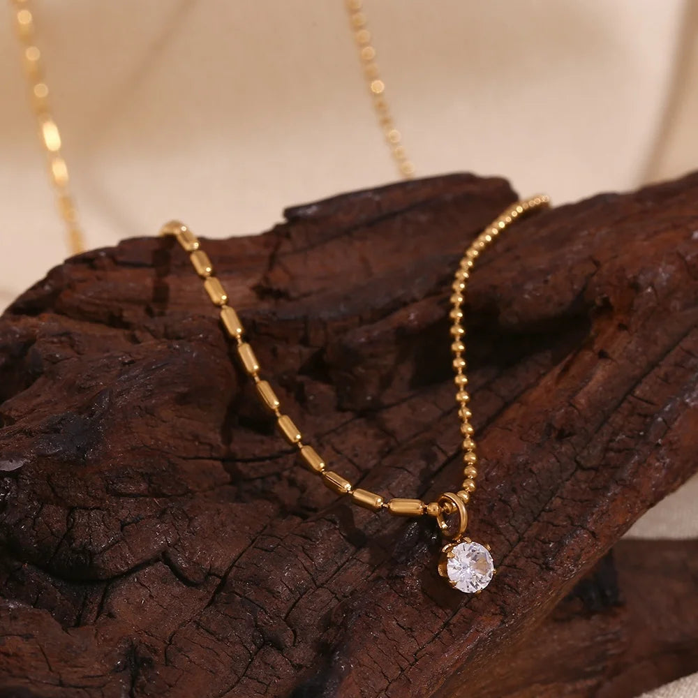 2024 Trends Gold Plated Jewelry Zircon Charm Necklace Stainless Steel Bead Chain Women Jewelry