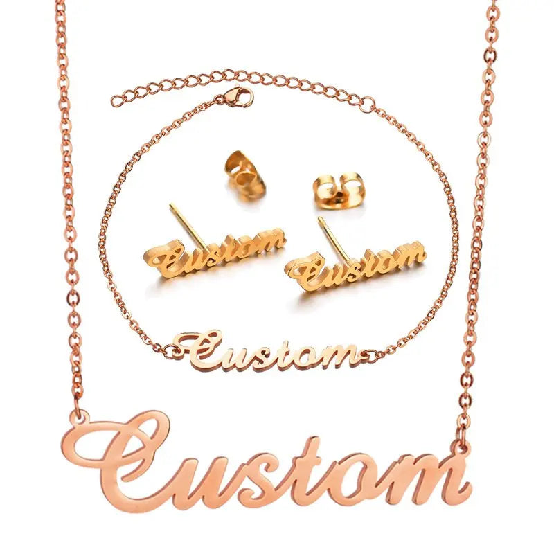Custom Name Necklace 18K Gold Plated Stainless Steel Personalized Letter Pendant Party Wedding Jewelry Including Rings Bracelet
