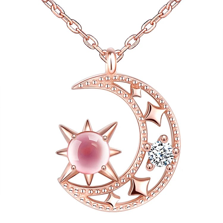 Crystal Star Half Moon Pendant Necklace Silver 925 for Women
