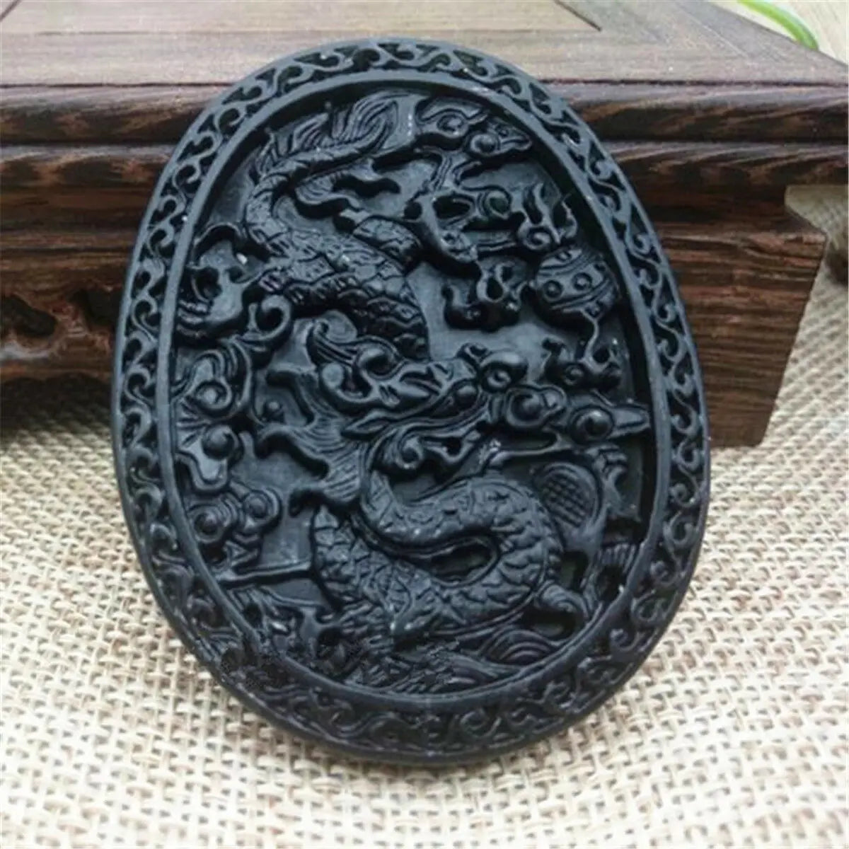 Chinese Natural Black Green Jade Hand Carved Jade Pendant Dragon Lucky Amulet Necklace Jewelry Gift