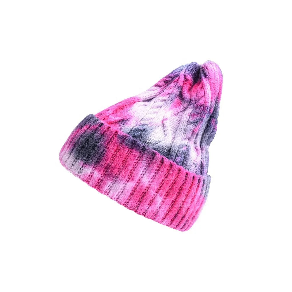 Custom Woman Girls Fashion Warm Autumn and Winter Gradient Tie Dyed Color Knitted Beanies Winter Hat With Custom LOGO