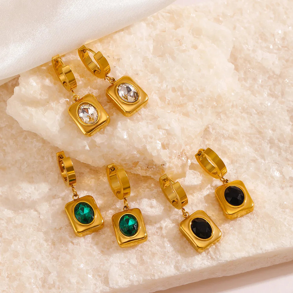 Luxury Iced Out Cubic Zirconia Square Drop Earrings 18K Gold Plated Stainless Steel Square Huggie Hoop Earrings